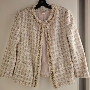Neiman Marcus Women's Beige Tweed Blazer with Pearl Trim